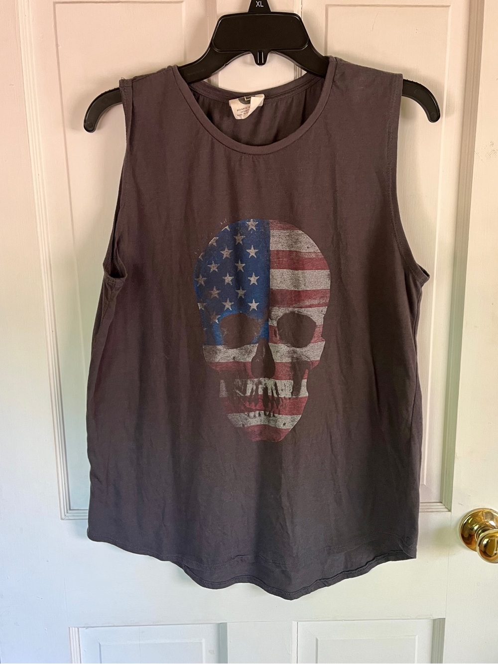 Cotton On Charcoal Sleeveless Tank with American Flag Skull Graphic